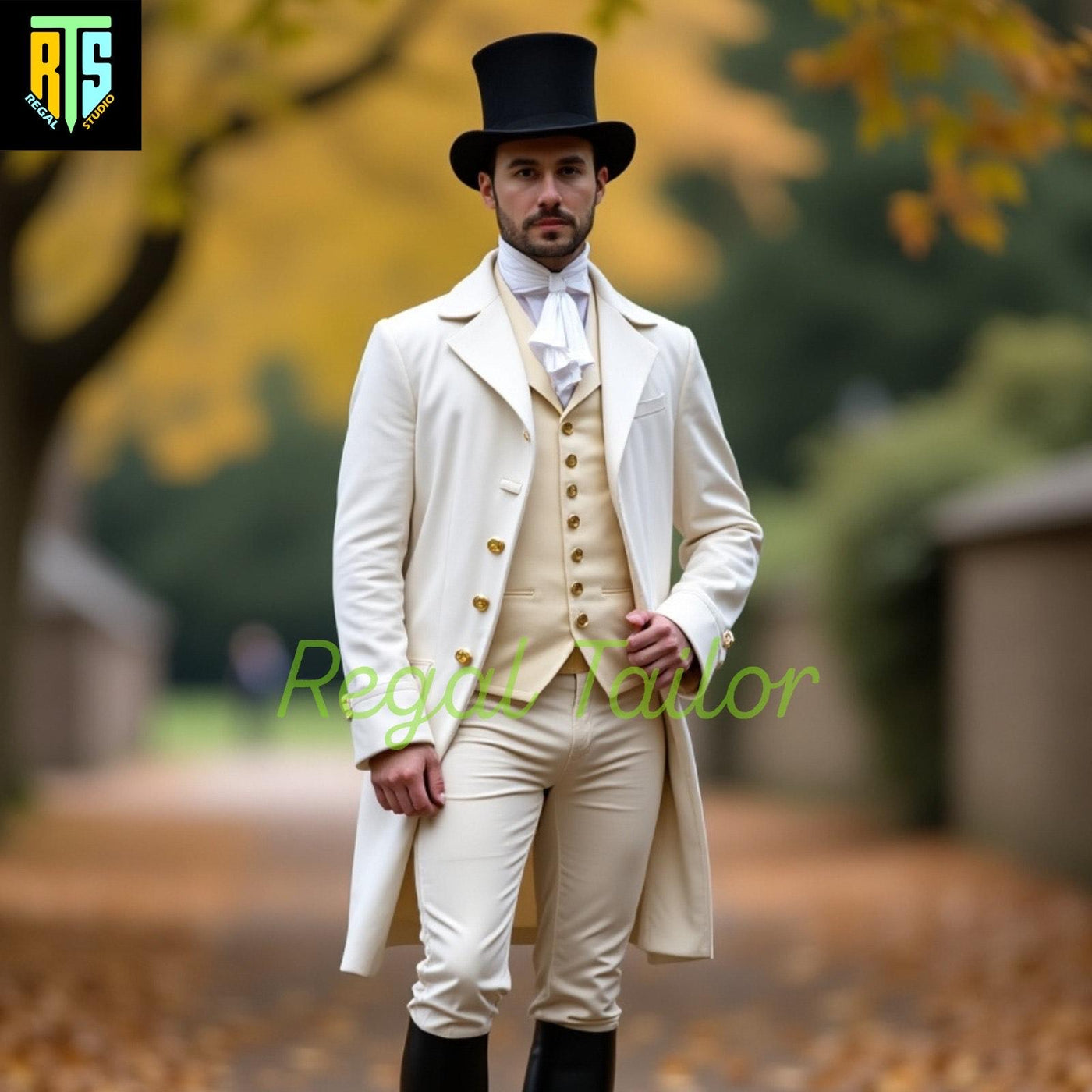 Elegant Regency Era Cream Frock Coat with Matching Waistcoat and Breeches - Authentic 1800s Style with Elegant Long Tails - Custom Fitted
