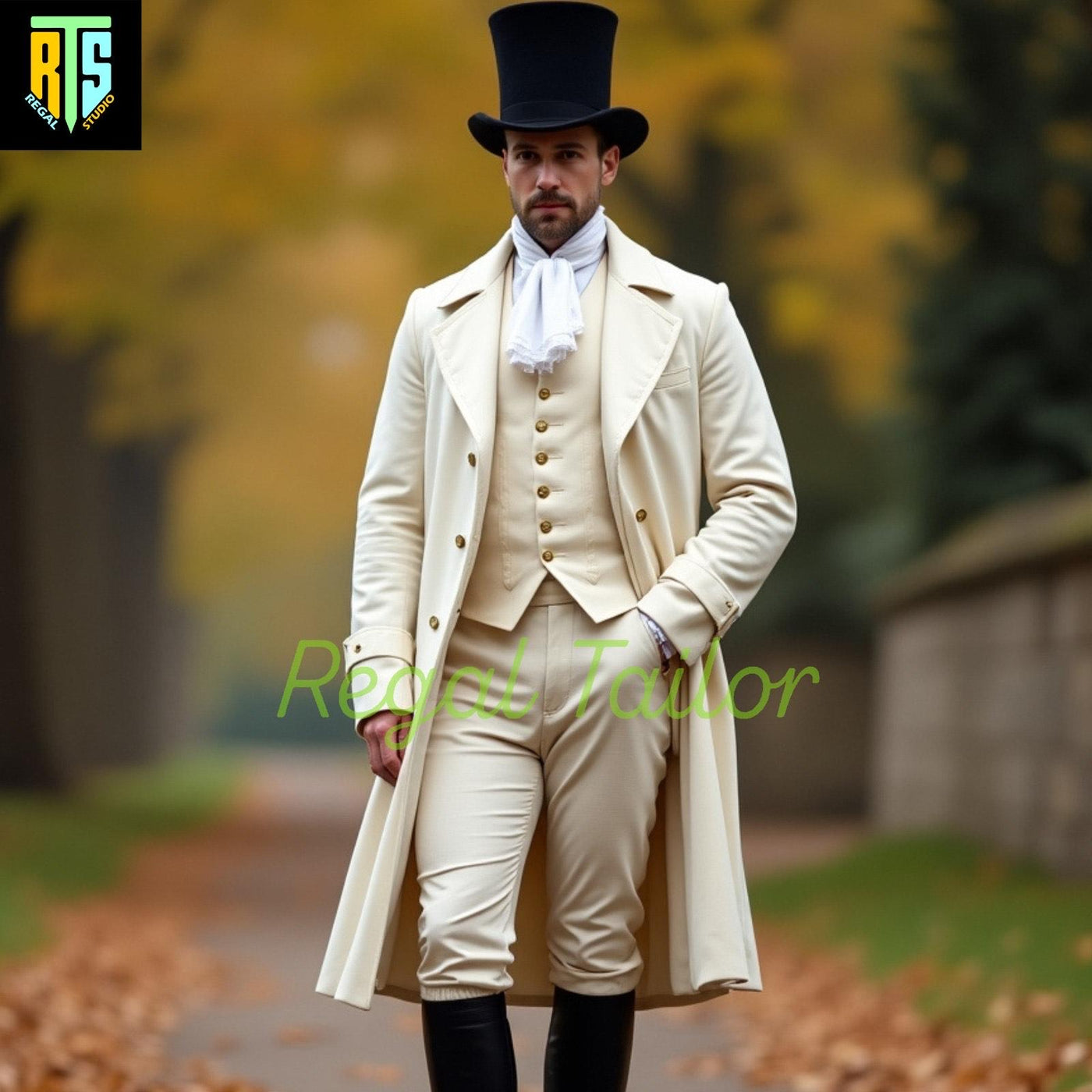 Elegant Regency Era Cream Frock Coat with Matching Waistcoat and Breeches - Authentic 1800s Style with Elegant Long Tails - Custom Fitted