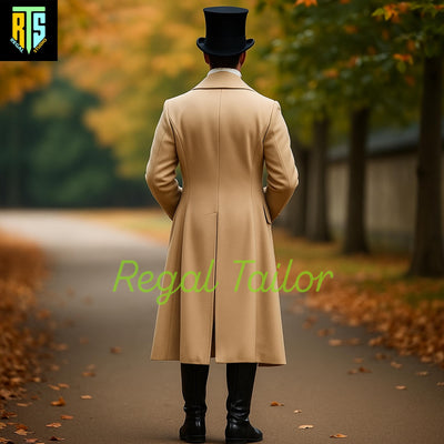 Victorian Gentleman Beige Wool Coat - Exquisitely Handmade Mr. Darcy-Inspired Men's Regency Military Coat - Regency Era Jackets