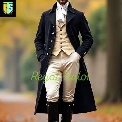 Mr. Darcy-Inspired Military Coat - Regency Gentleman’s Classic Black Coat - Cream Breeches - Gold Waistcoat  –  Men's Regency Era Jackets