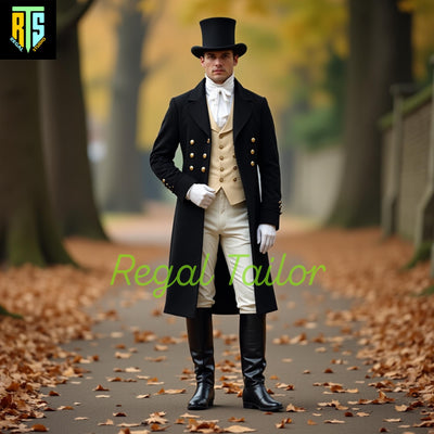 Regency Gentleman’s Classic Black Wool Coat - White Breeches - Gold Waistcoat  –  Men's Regency Era Jackets - Mr. Darcy Outfit Winters Wear