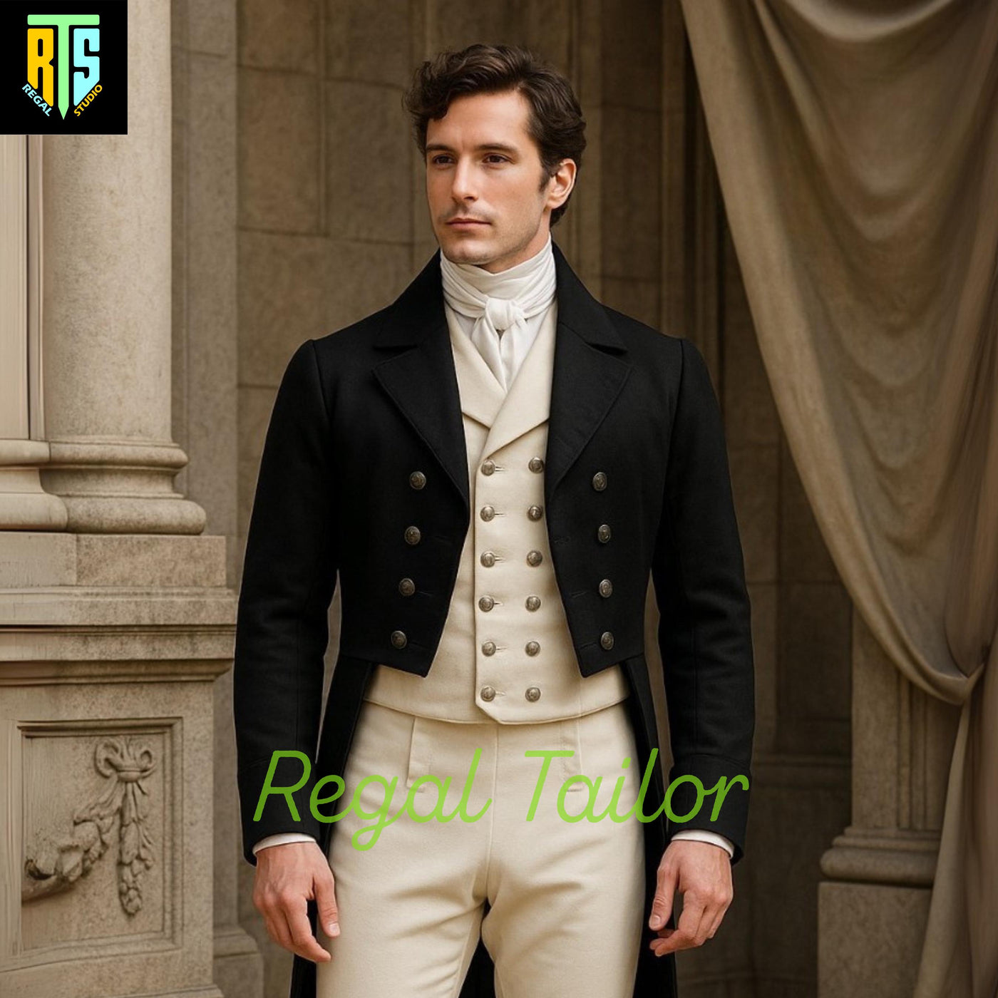 Elegant Regency Gentleman’s Black Tailcoat Ensemble with Cream Waistcoat and Breeches - Formal Historic Reenactments -Men's Regency Jackets