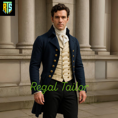 Regency Gentleman in a Navy Wool Tailcoat with Golden Brass Buttons and Cream Waistcoat - Cosplay or Themed Event Wear - Regency Jackets