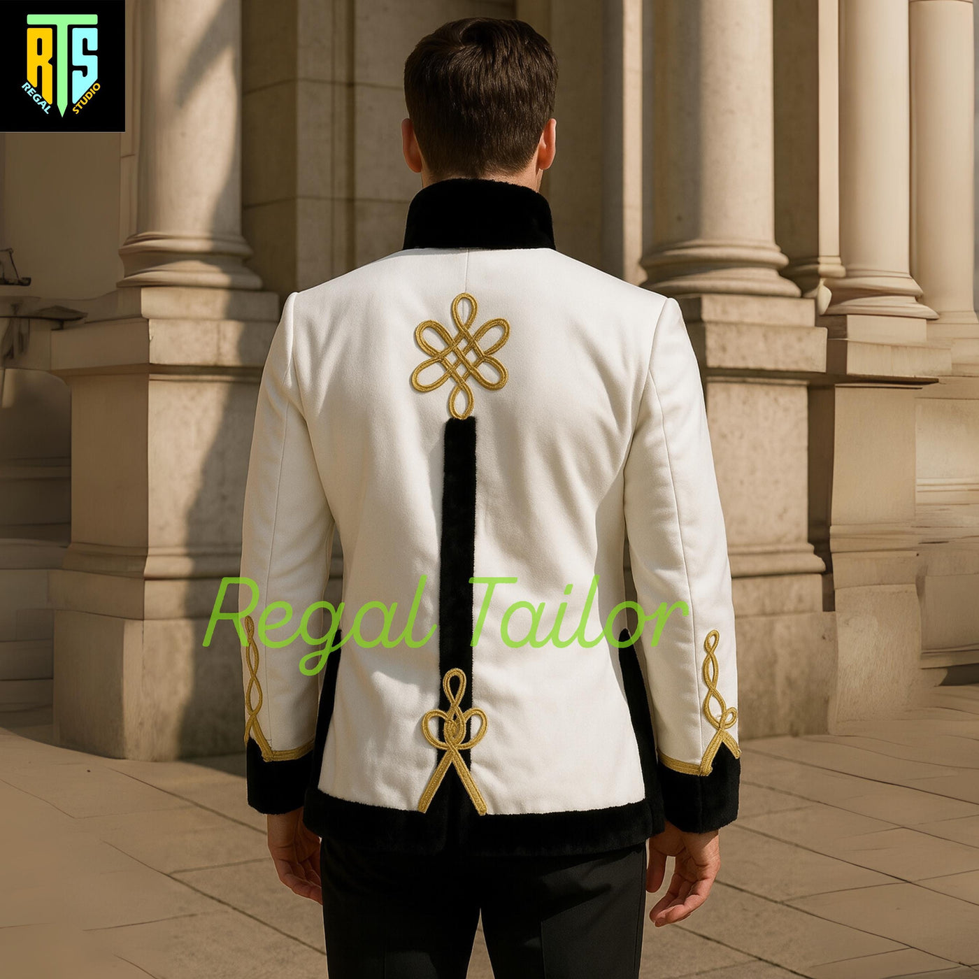 White and Black Wool Hussar-Inspired Regency Coat with Gold Embroidery Detailing with Black Fur - Men's Hussar Jacket - Regency Jacket