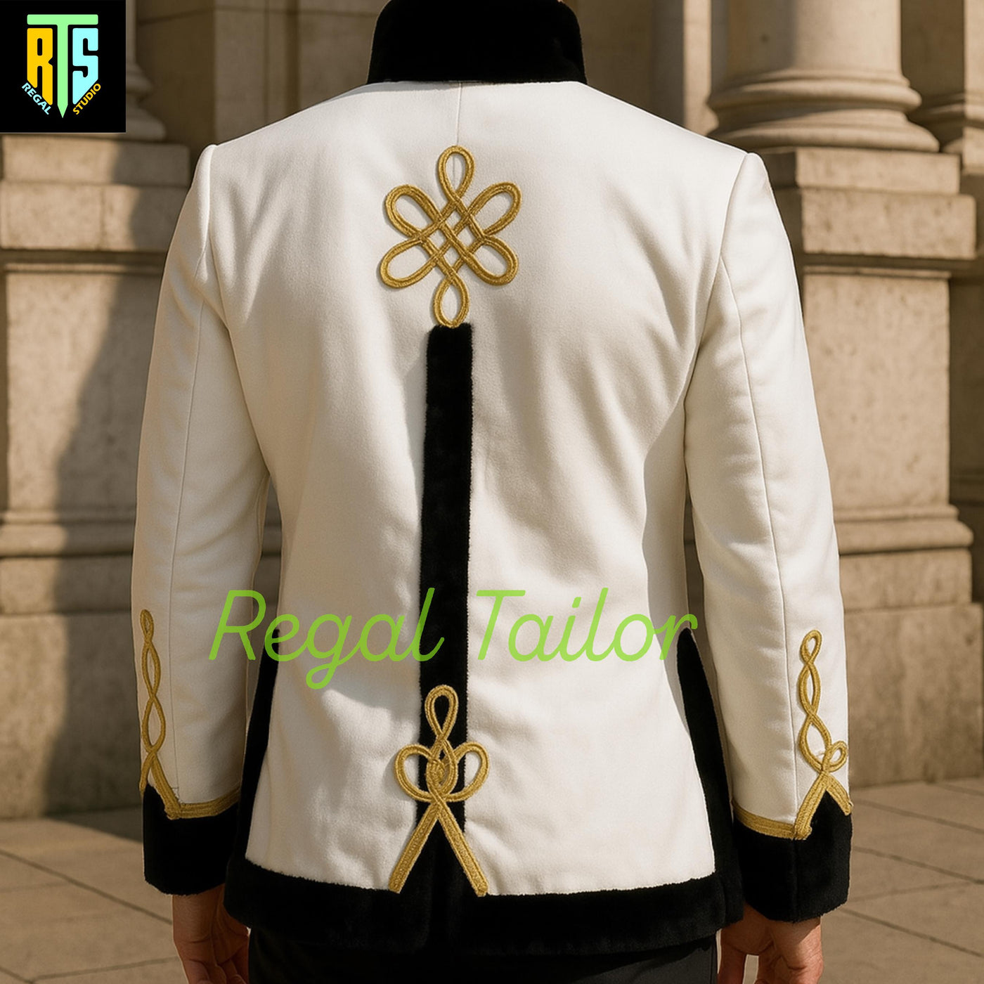 White and Black Wool Hussar-Inspired Regency Coat with Gold Embroidery Detailing with Black Fur - Men's Hussar Jacket - Regency Jacket