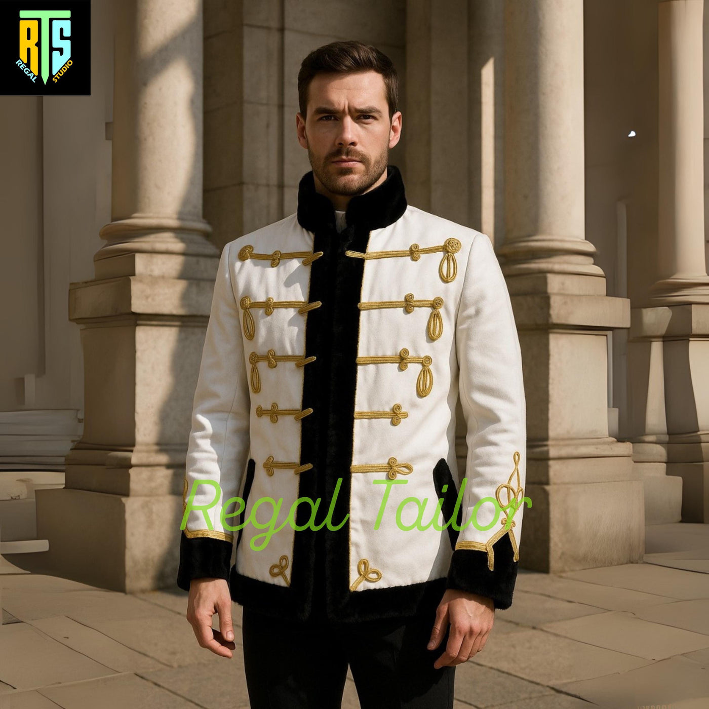 White and Black Wool Hussar-Inspired Regency Coat with Gold Embroidery Detailing with Black Fur - Men's Hussar Jacket - Regency Jacket