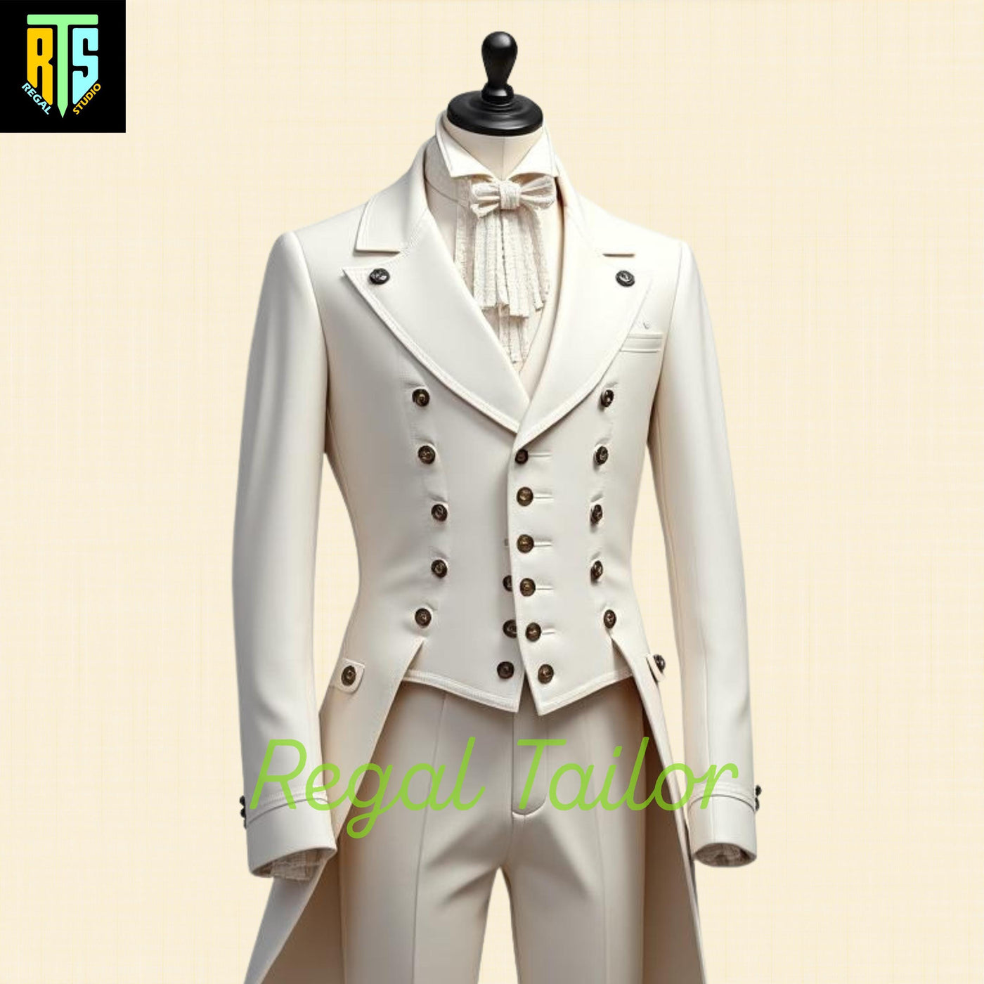 Refined Regency White Wool Tailcoat with Double-Breasted Buttons and High Collar – 19th Century Historical Costume - Men's Regency Jackets