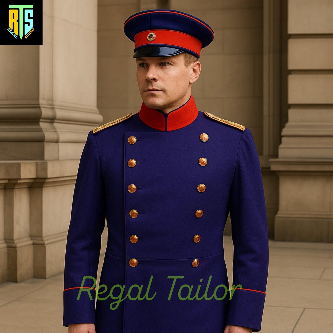 Imperial Guard-Inspired Royal Blue Military Coat with Red Accents with Gold Shoulder Bands - Military Jacket - Men's Regency Jacket
