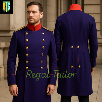 Imperial Guard-Inspired Royal Blue Military Coat with Red Accents with Gold Shoulder Bands - Military Jacket - Men's Regency Jacket
