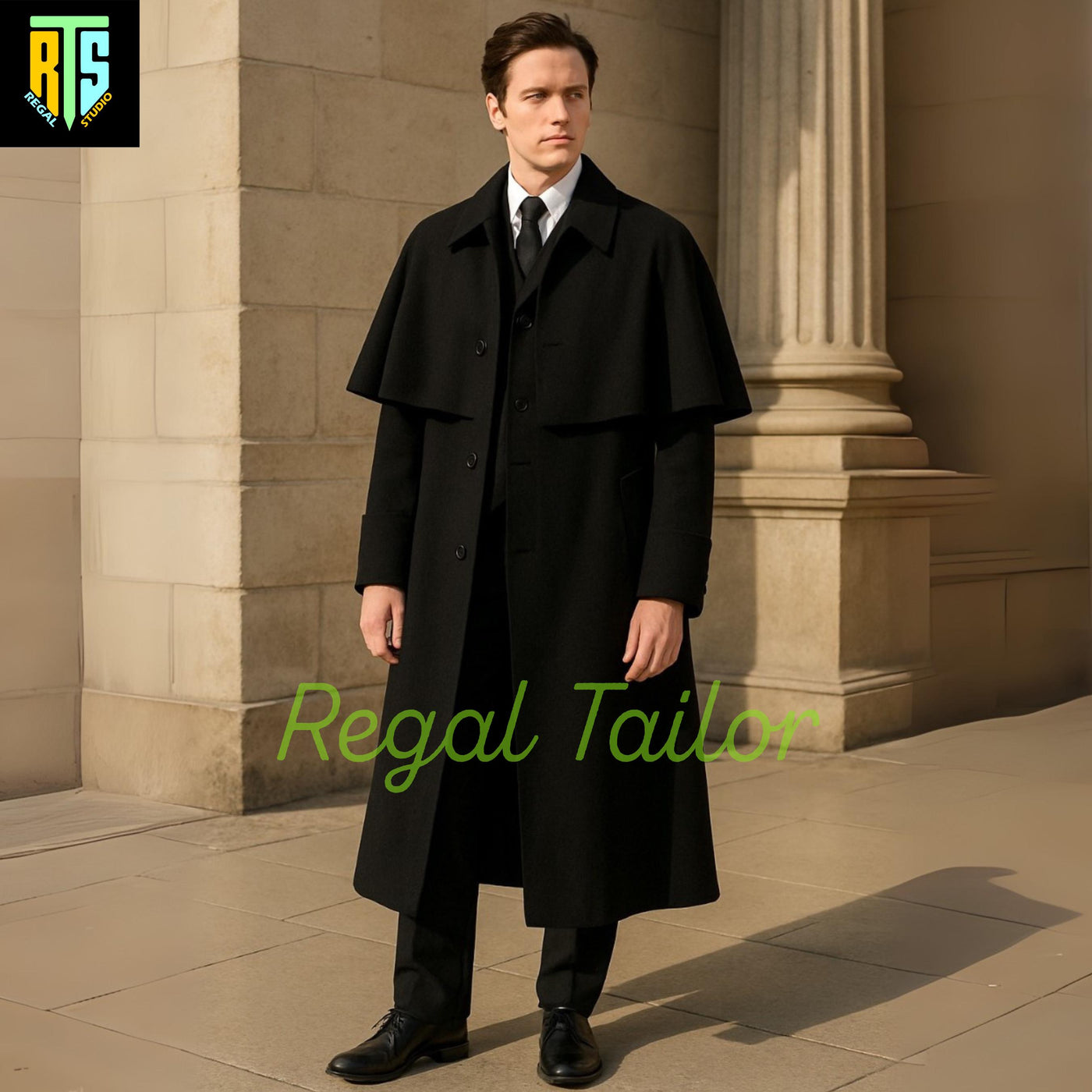 Black Inverness Cape Overcoat – Classic Victorian Style Men's Wool Coat for Formal & Period Wear - Black Regency Garrick Overcoat