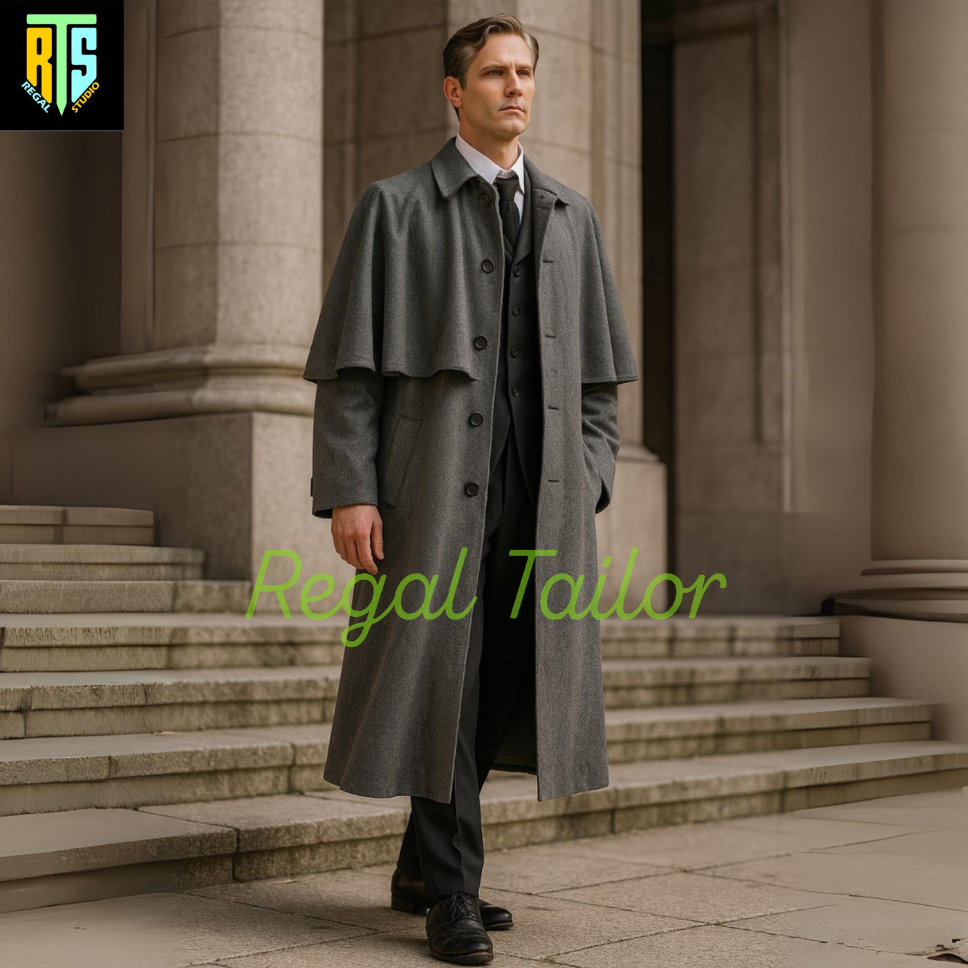 Classic Grey Wool Inverness Cape Coat – Victorian Style Overcoat for Gentlemen– A Custom Made Wool Overcoat - Regency Garrick Wool Overcoat