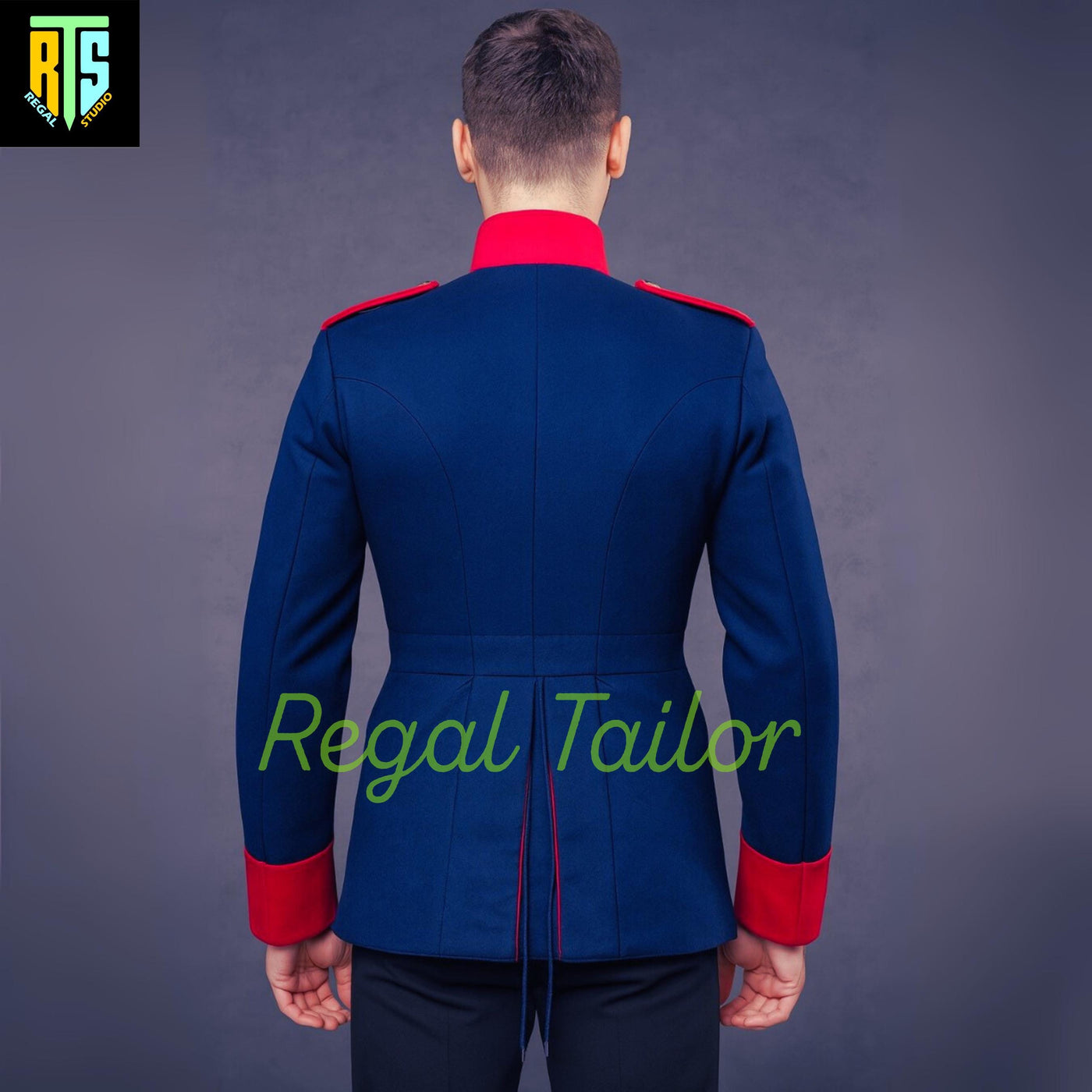 Royal Blue Military Uniform – Gold Buttons - Red Cuffs - Shoulder Epaulates & Medal Stripes | Historical Parade Officer's Coat -Regency Wear