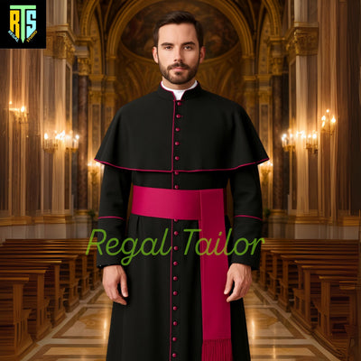 Traditional Roman Catholic Cassock with Shoulder Cape – Black Clergy Robe with Pink Buttons - Trim & Sash – Priest Vestment - Church Attire