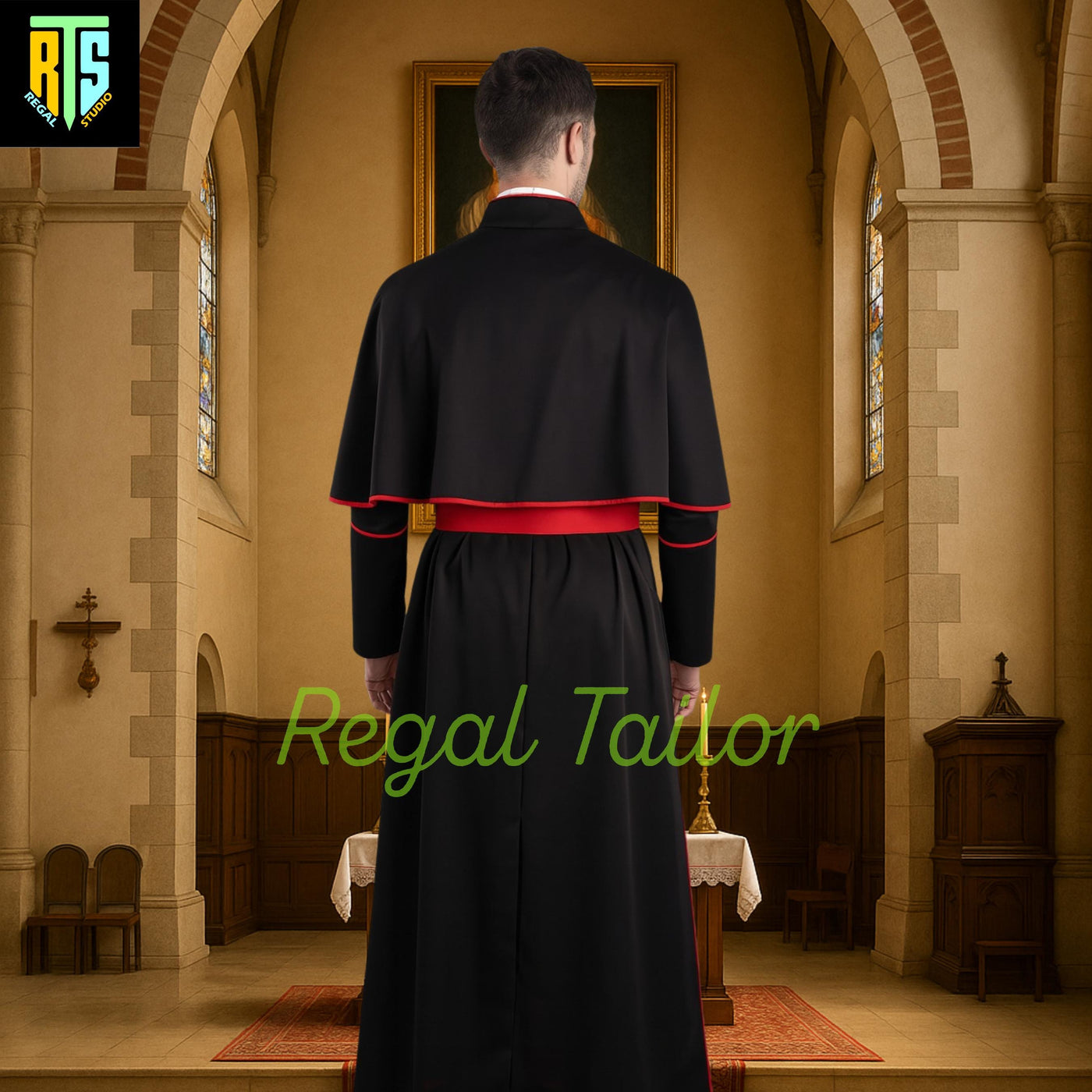 Traditional Black Cassock with Red Piping – Clergy Robe with Shoulder Cape & Sash – Catholic Priest Outfit for Church or Reenactment