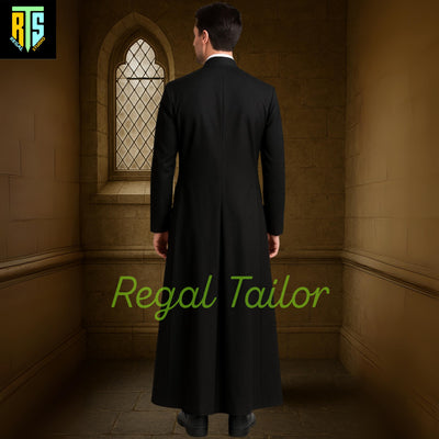 Classic Black Clerical Cassock for Priests – Full-Length Button Front Robe with Roman Collar | Custom Fit Church Vestment - Custom Size