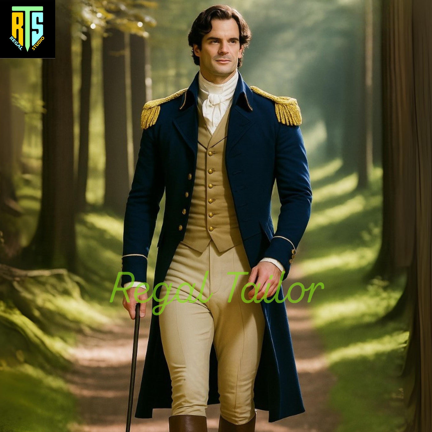 Regency Military Style Gentleman’s Tailcoat – Blue Wool Officer Coat with Gold Epaulettes - Beige Breeches & Waistcoat – Historical Outfit