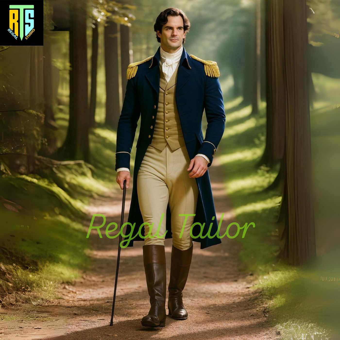 Regency Military Style Gentleman’s Tailcoat – Blue Wool Officer Coat with Gold Epaulettes - Beige Breeches & Waistcoat – Historical Outfit