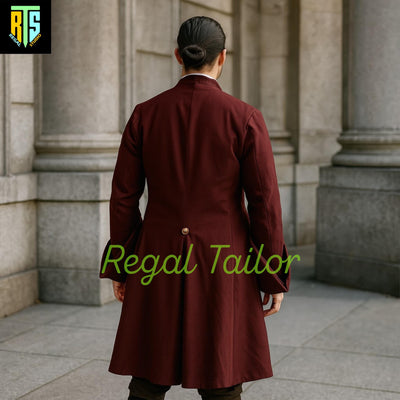 Vintage Maroon Wool Frock Coat for Men – Historical Steampunk Reenactment Jacket with Gold Buttons & Cuffed Sleeves-Men's Regency Frock Coat
