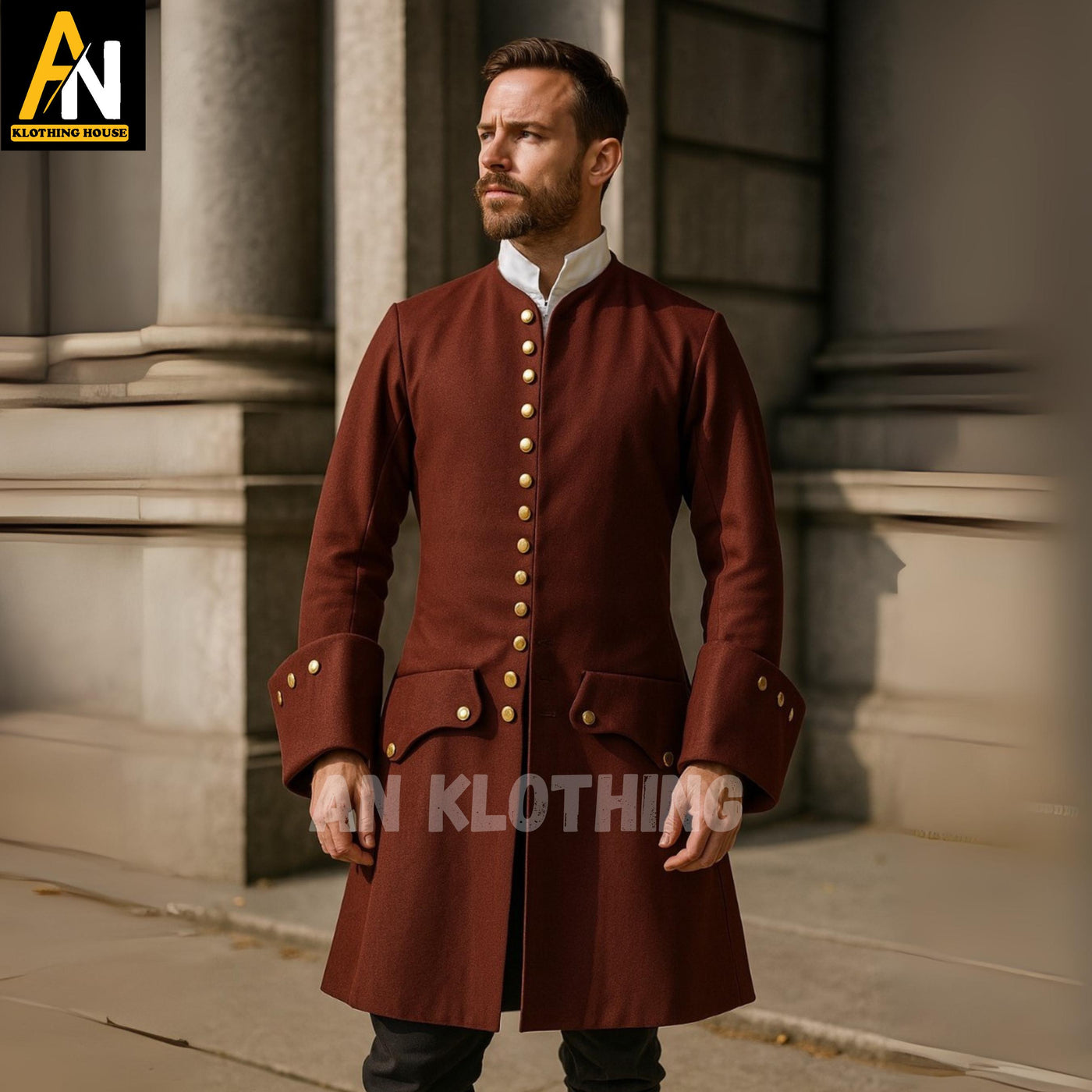 Maroon Wool Frock Coat for Men – Historical Steampunk Reenactment Jacket with Gold Buttons & Cuffed Sleeves - Men's Regency Frock Coat