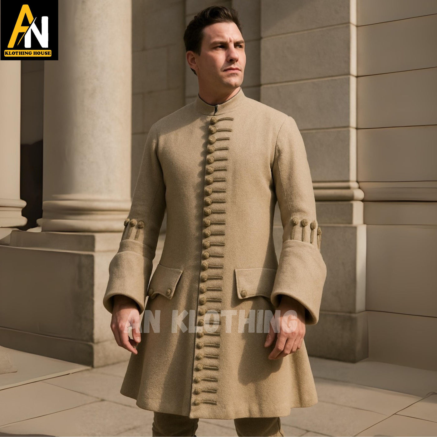 Men's Regency Style Beige Wool Frock Coat – Vintage Military Inspired Frock Coat with Decorative Buttons and Flap Pockets –Customized Outfit