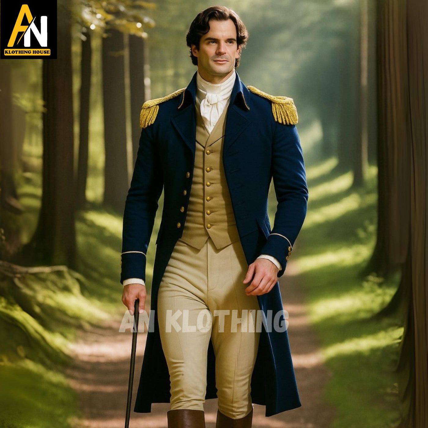 Regency Military Style Wool Coat – Blue Wool Officer Coat with Gold Epaulettes - Beige Breeches & Waistcoat – Men's Historical Outfit
