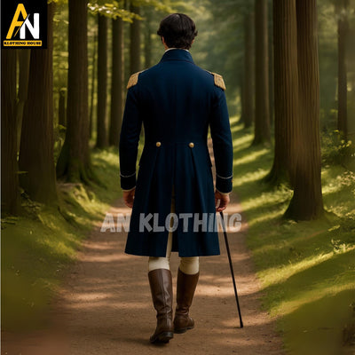 Regency Military Style Wool Coat – Blue Wool Officer Coat with Gold Epaulettes - Beige Breeches & Waistcoat – Men's Historical Outfit