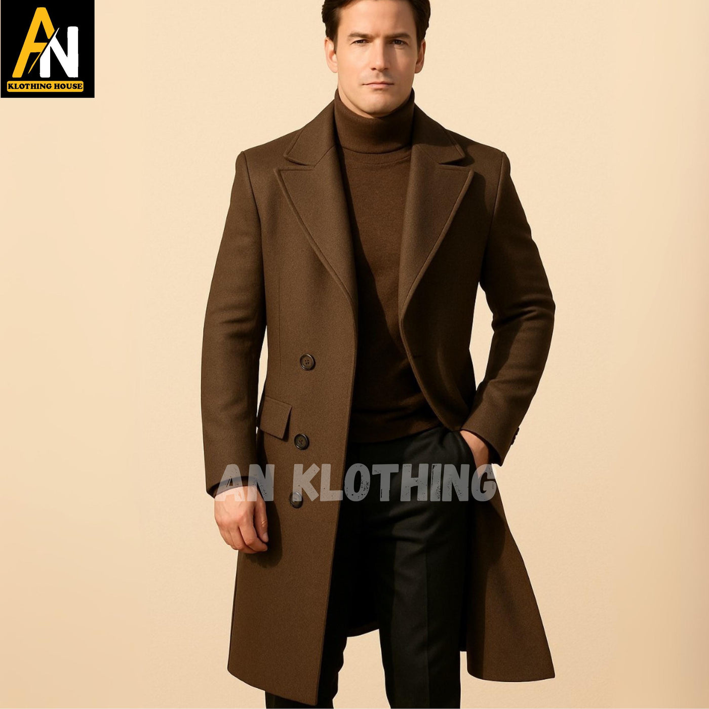 Brown Wool Overcoat for Men – Long Tailored Winter Coat with Wide Lapels, 3-Button Front & Classic Fit – Formal Warm Outerwear - Custom Made