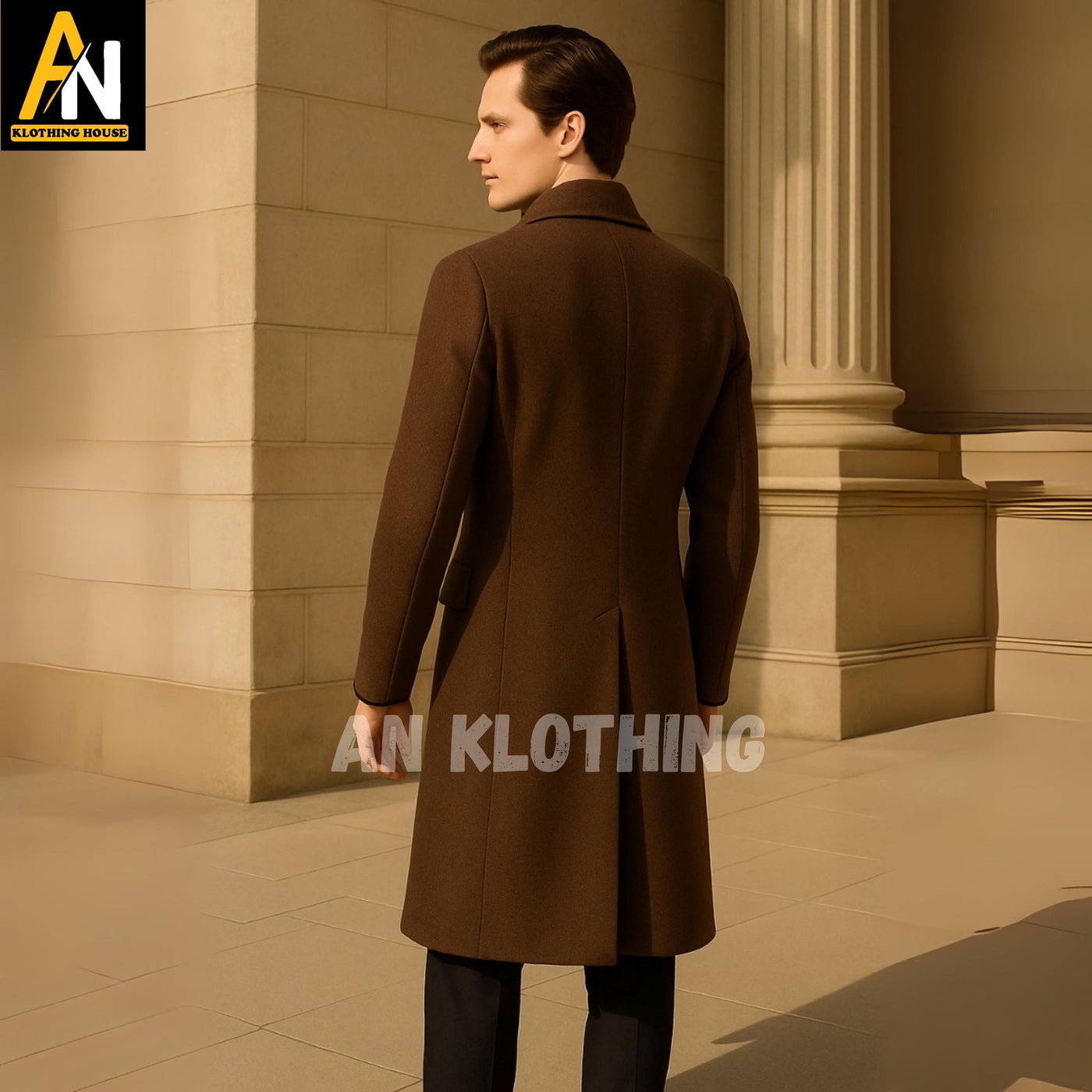 Brown Wool Overcoat for Men – Long Tailored Winter Coat with Wide Lapels, 3-Button Front & Classic Fit – Formal Warm Outerwear - Custom Made