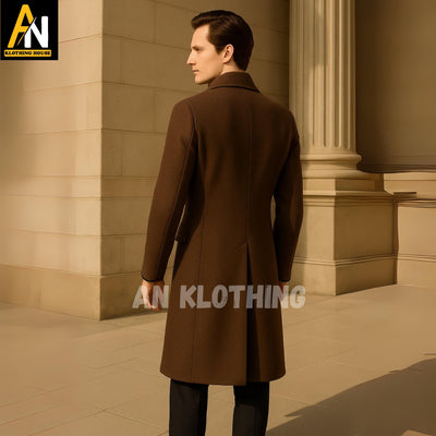 Brown Wool Overcoat for Men – Long Tailored Winter Coat with Wide Lapels, 3-Button Front & Classic Fit – Formal Warm Outerwear - Custom Made