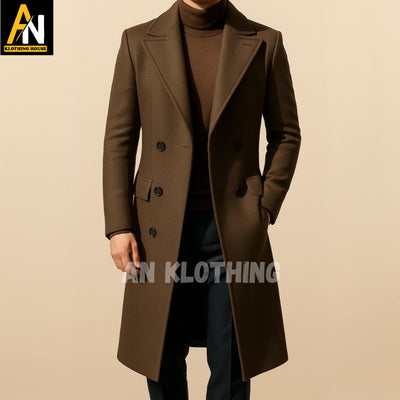 Brown Wool Overcoat for Men – Long Tailored Winter Coat with Wide Lapels, 3-Button Front & Classic Fit – Formal Warm Outerwear - Custom Made