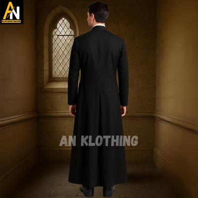 Men's Black Clerical Wool Cassock for Priests – Full-Length Button Front Robe with Roman Collar | Custom Fit Church Vestment - Custom Size