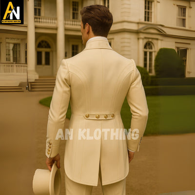 Men's Regency Era Cream Wool Tailcoat Ensemble with Golden Buttons – Classic Aristocratic Gentleman’s Formal Attire - Men's Regency Attire