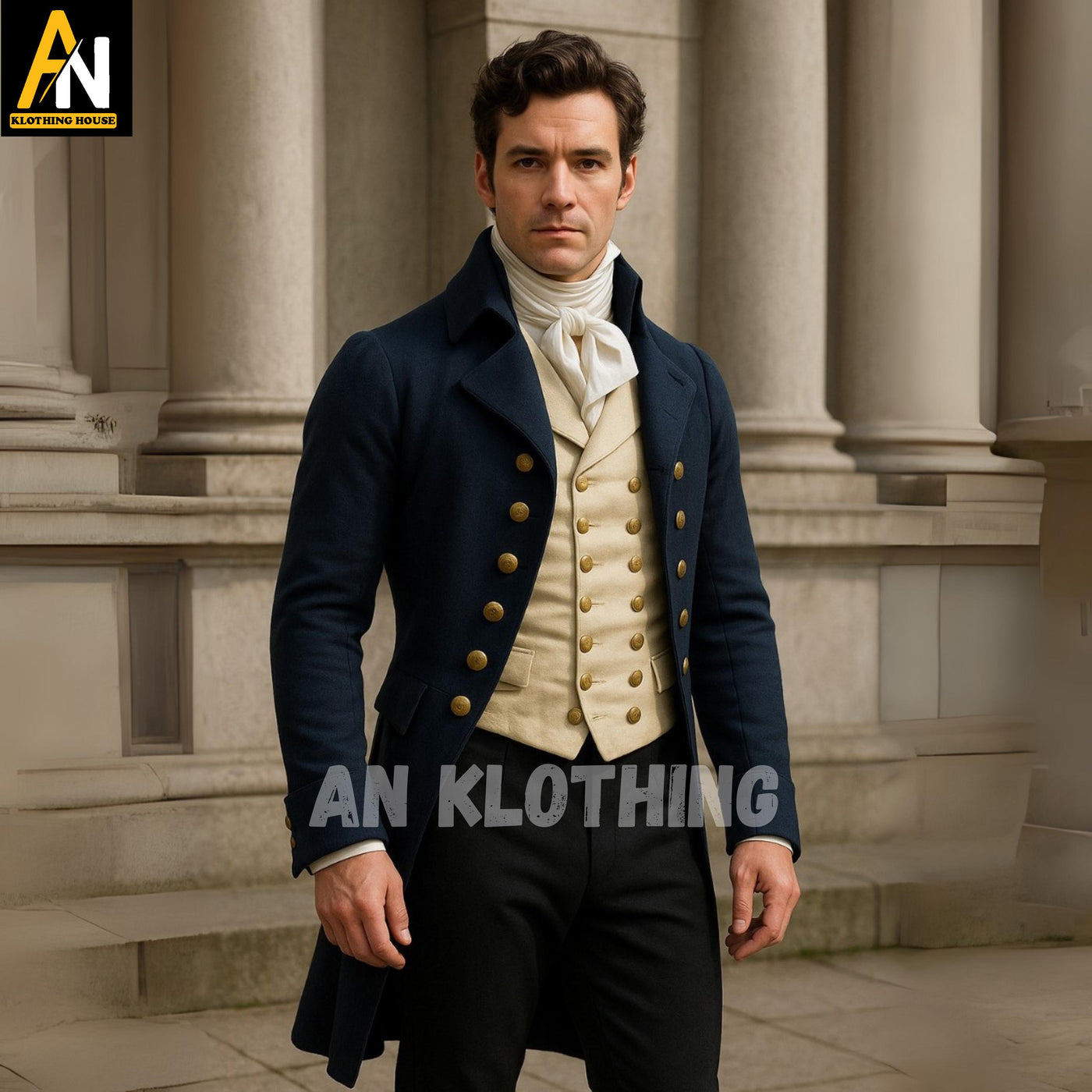 Regency Gentleman Navy Wool Tailcoat with Golden Brass Buttons and Cream Waistcoat - Cosplay or Themed Event Wear - Men's Regency Jackets