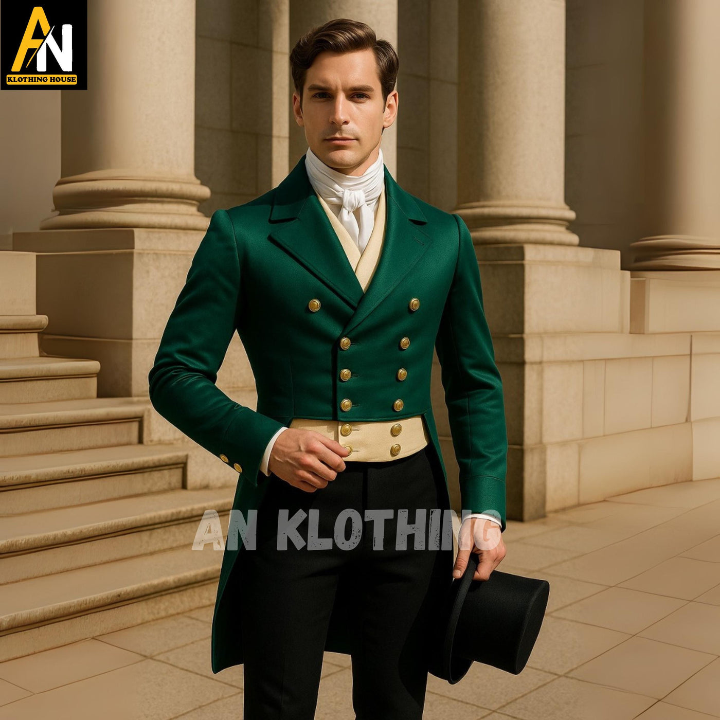 Regency Green Tailcoat for Men – Double Breasted Regency Jacket with Gold Buttons – 19th Century Gentleman’s Historical Reenactment Outfit