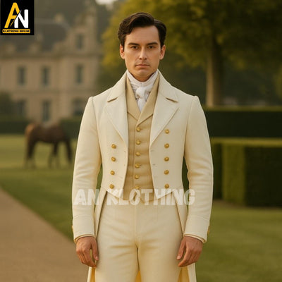 Elegant Cream Regency Wool Tailcoat for Men – Vintage Formal Attire with Gold Buttons & Waistcoat – Wedding Wear - Men's Regency Outfit