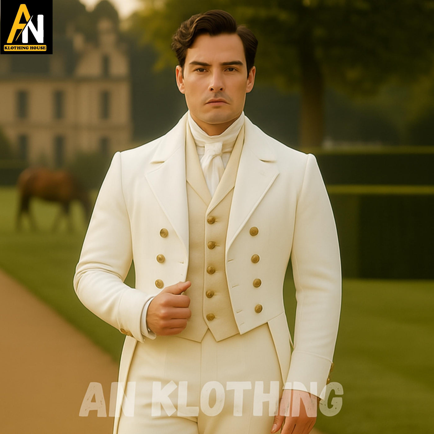 White Regency Tailcoat with Golden Vest – Formal Historical Outfit for Weddings and Theatre - Men's White Regency Tailcoat - Custom Made