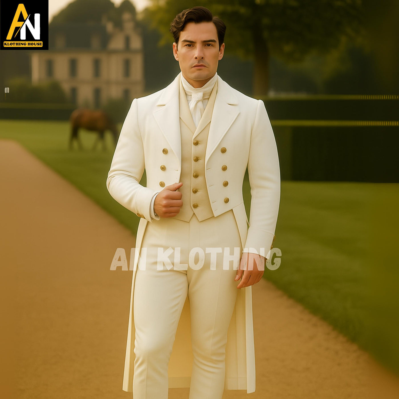 White Regency Tailcoat with Golden Vest – Formal Historical Outfit for Weddings and Theatre - Men's White Regency Tailcoat - Custom Made
