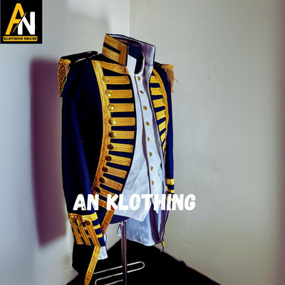 Regency Naval Officer Wool Coat – Royal Blue Military Uniform Coat with Gold Braid Trim - Epaulettes, & White Breeches - Men's Regency Suit