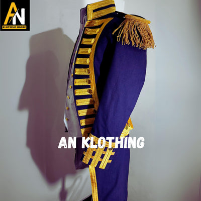 Regency Naval Officer Wool Coat – Royal Blue Military Uniform Coat with Gold Braid Trim - Epaulettes, & White Breeches - Men's Regency Suit