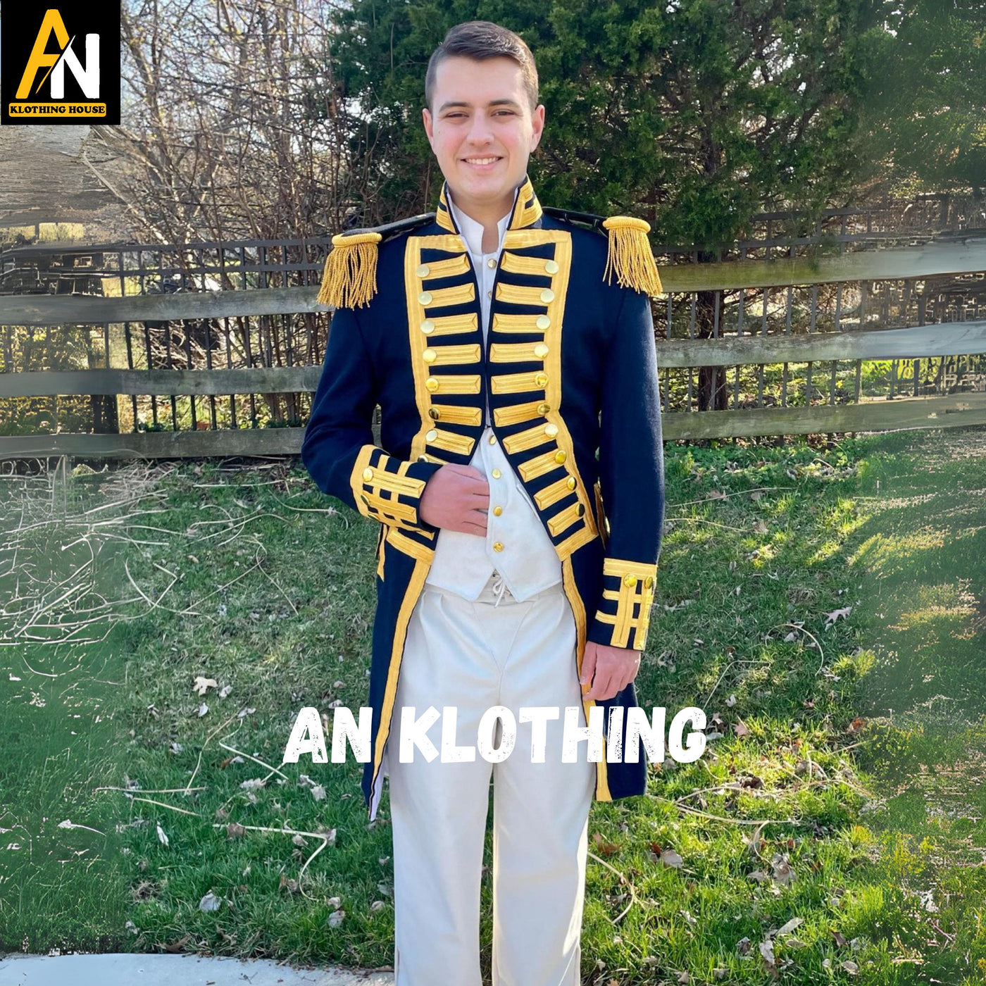 Regency Naval Officer Wool Coat – Royal Blue Military Uniform Coat with Gold Braid Trim - Epaulettes, & White Breeches - Men's Regency Suit