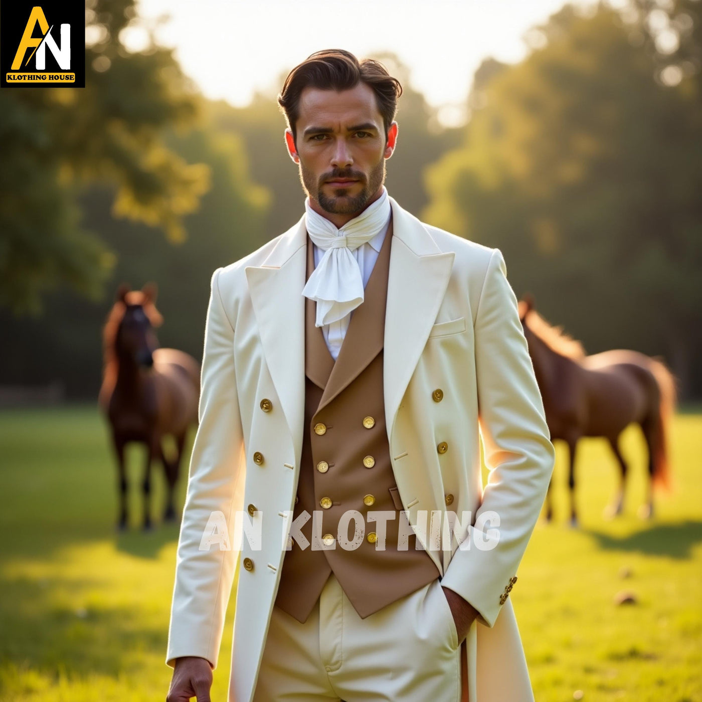 Men's Regency Off-White Suit with Gold Buttons | Historical Gentleman Formalwear | Victorian Inspired Groomsman Outfit - Regency Wool Coat