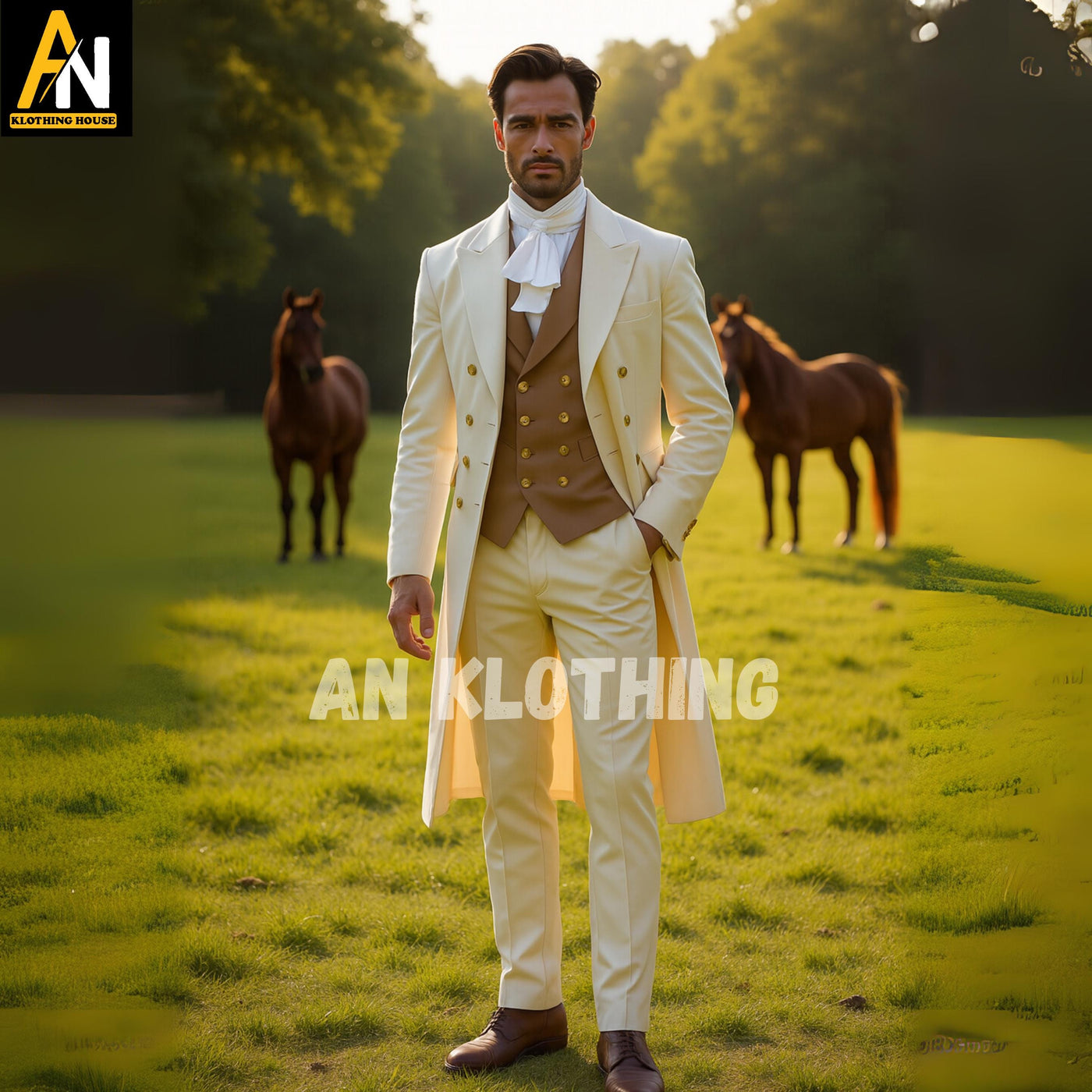 Men's Regency Off-White Suit with Gold Buttons | Historical Gentleman Formalwear | Victorian Inspired Groomsman Outfit - Regency Wool Coat