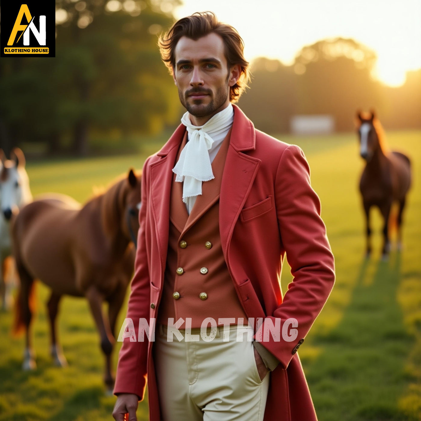 Regency Gentleman’s Rust Red Riding Wool Tailcoat Set – 18th Century Inspired Formal Suit, Waistcoat & Breeches - Men's Regency Jackets