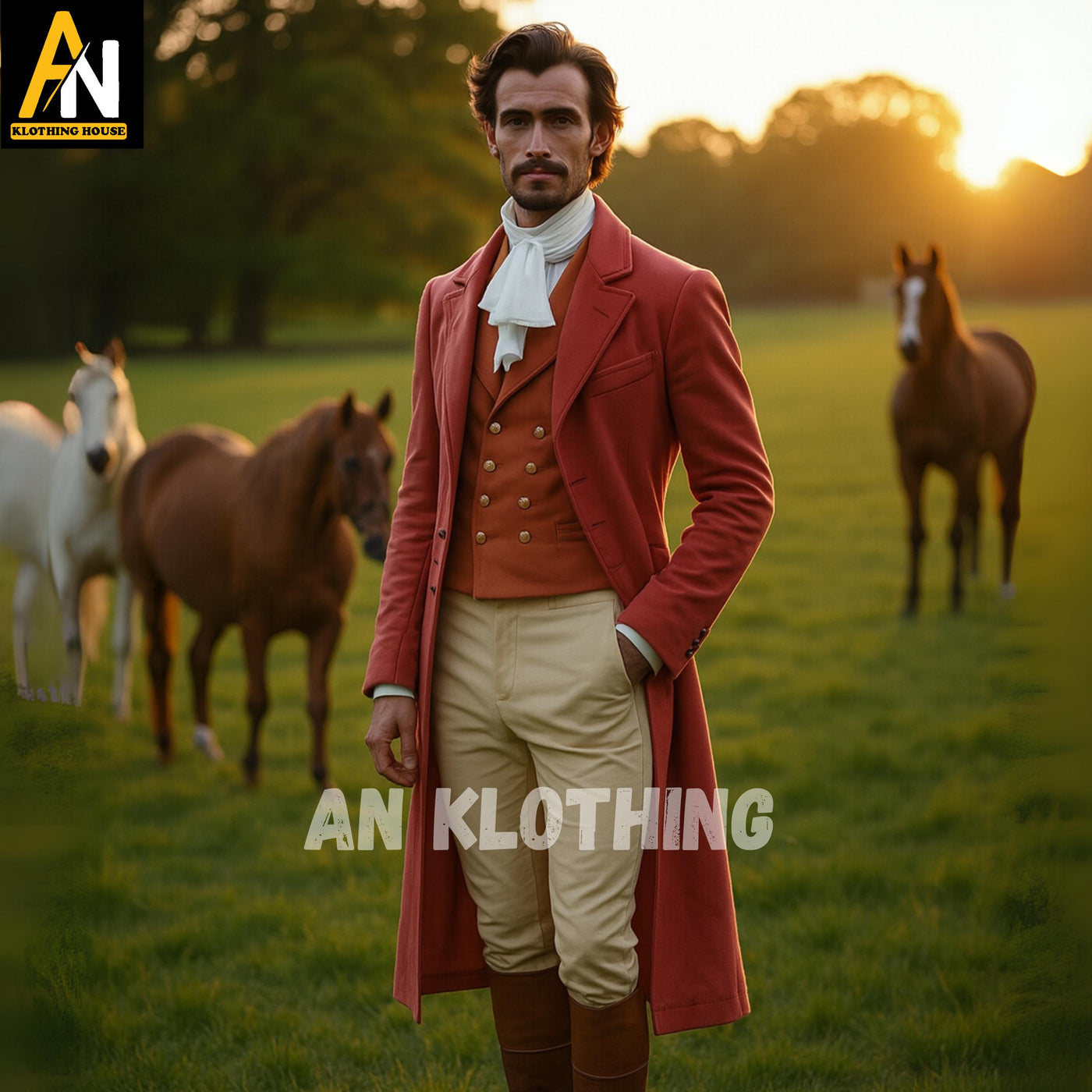 Regency Gentleman’s Rust Red Riding Wool Tailcoat Set – 18th Century Inspired Formal Suit, Waistcoat & Breeches - Men's Regency Jackets