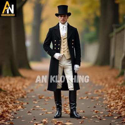 Men's Regency Classic Black Wool Coat - White Breeches - Gold Waistcoat – Men's Regency Era Jackets - Mr. Darcy Outfit Winters Wear