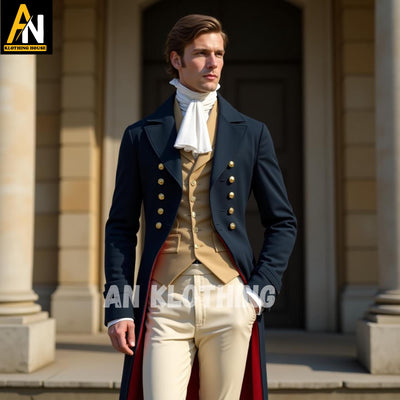 Men's Regency Navy Blue Wool Coat with Gold Waistcoat – Historical Outfit - Men's Regency Era Jackets - 19th century Outfits - Custom Made
