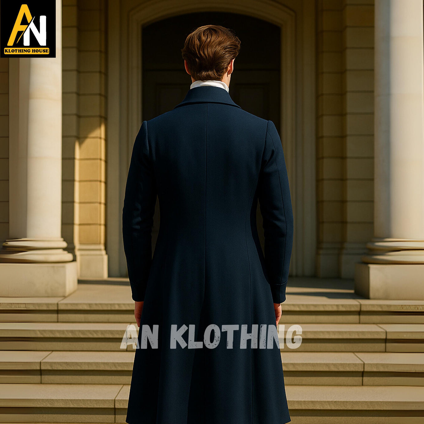 Men's Regency Navy Blue Wool Coat with Gold Waistcoat – Historical Outfit - Men's Regency Era Jackets - 19th century Outfits - Custom Made