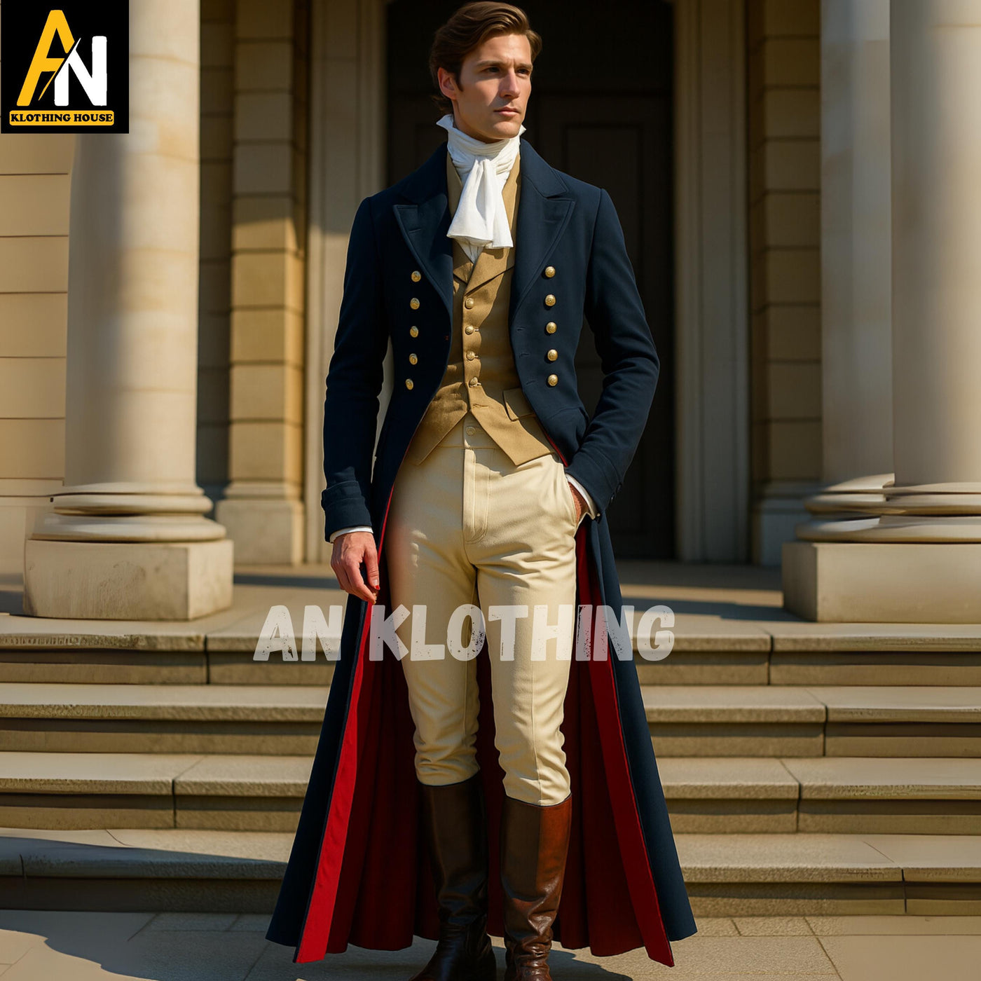 Men's Regency Navy Blue Wool Coat with Gold Waistcoat – Historical Outfit - Men's Regency Era Jackets - 19th century Outfits - Custom Made