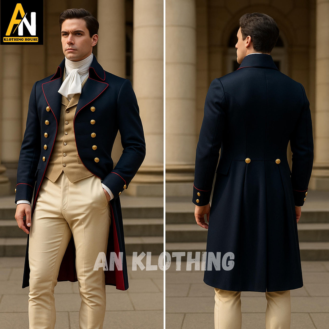 Navy Blue Regency Tailcoat with Gold Buttons – Historical Men’s Wool Coat with Red Piping | 18th Century Reenactment Costume - Custom Made