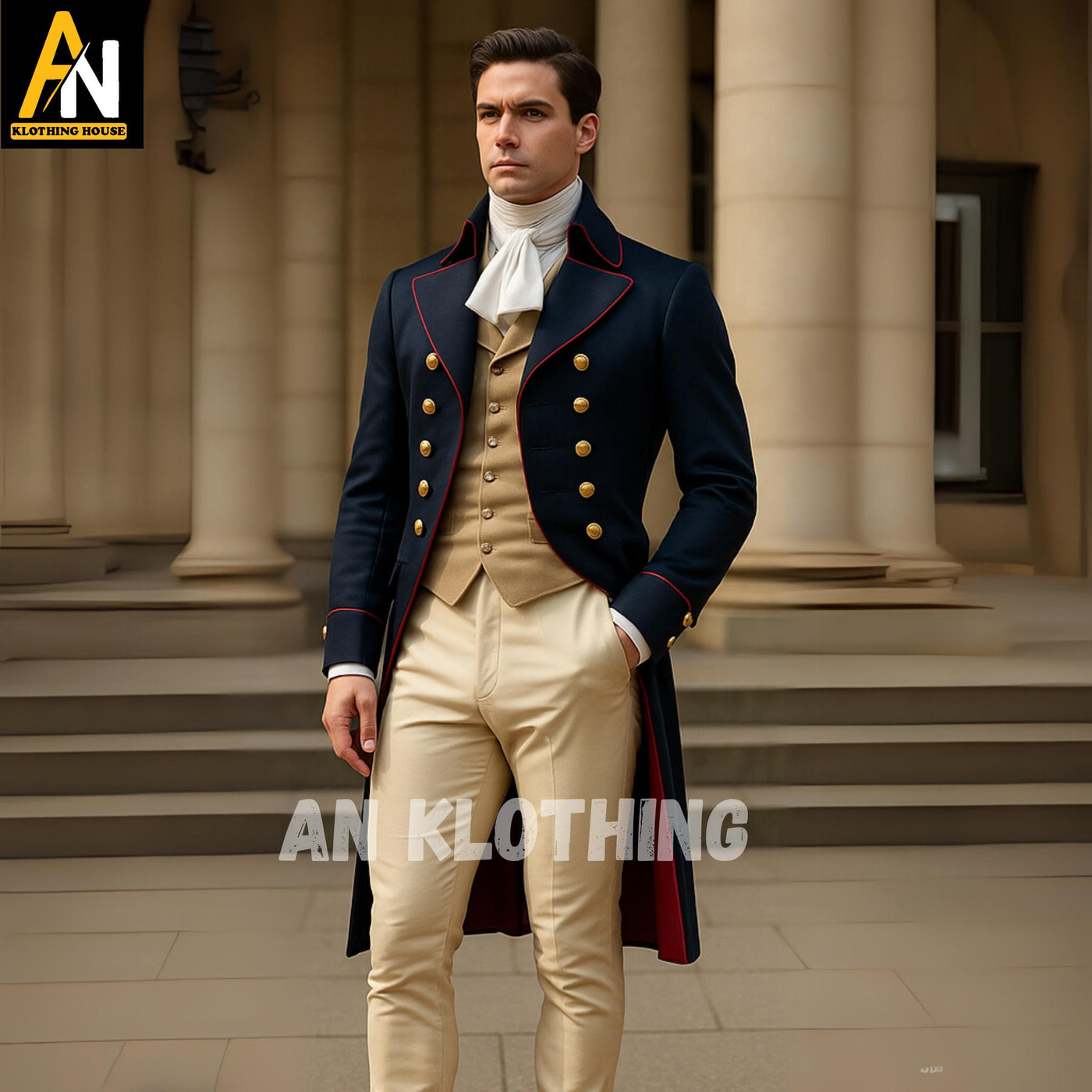 Navy Blue Regency Tailcoat with Gold Buttons – Historical Men’s Wool Coat with Red Piping | 18th Century Reenactment Costume - Custom Made